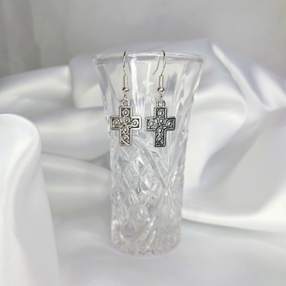 Ornate Silver Cross Earrings.